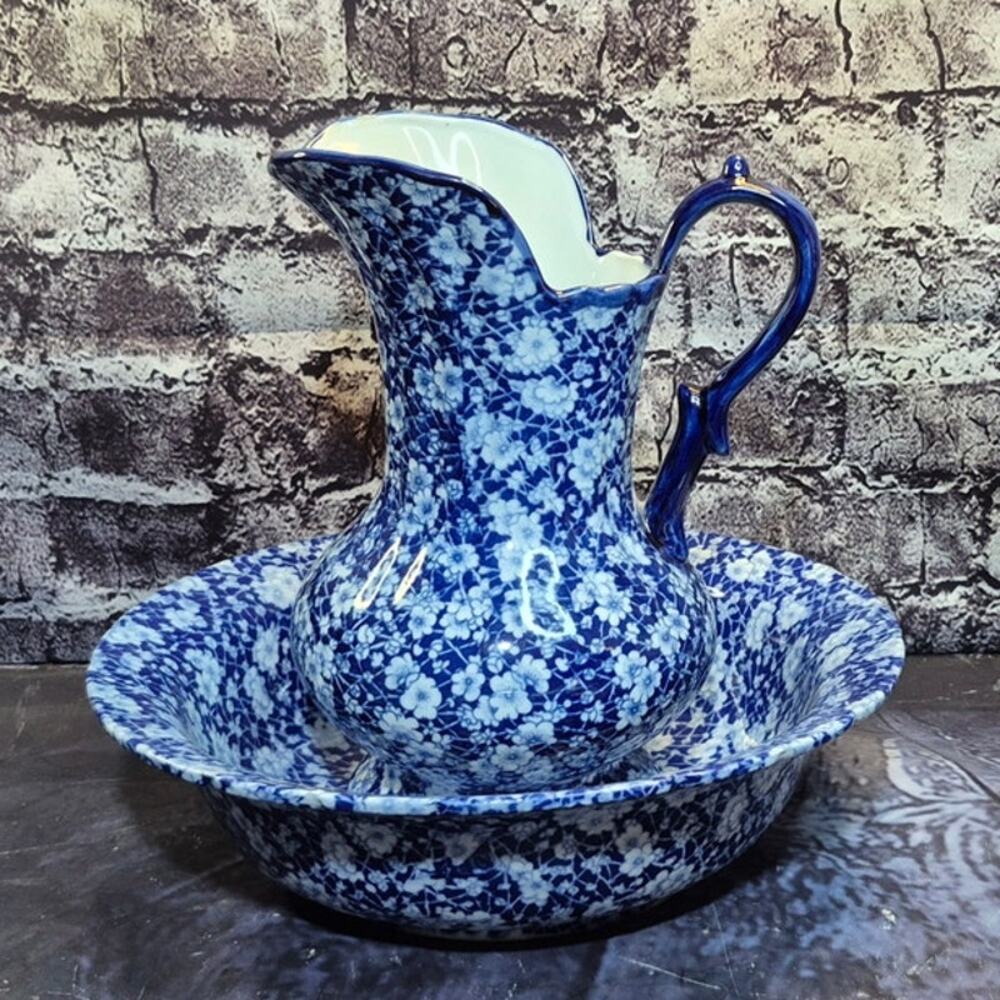 Vintage 1960s Ironstone Pitcher and Basin Victoria Ware Blue/White Floral Decor